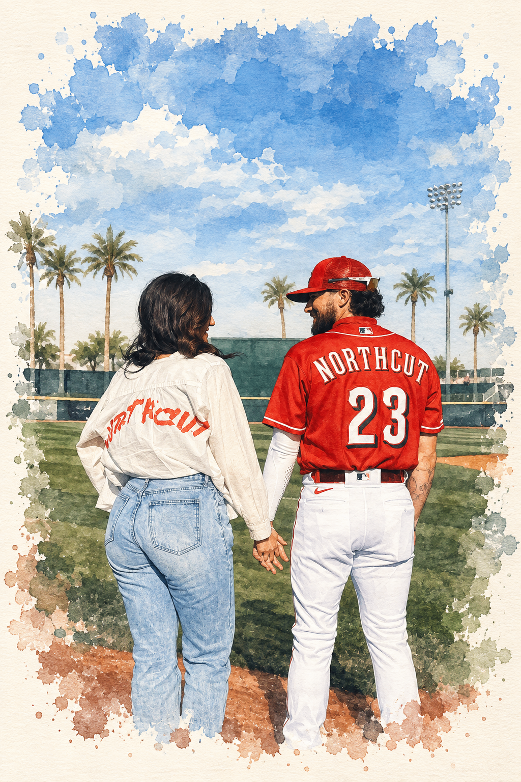 Nick in his Northcut baseball jersey and Mariella holding hands on a sunlit baseball field, both turning toward each other