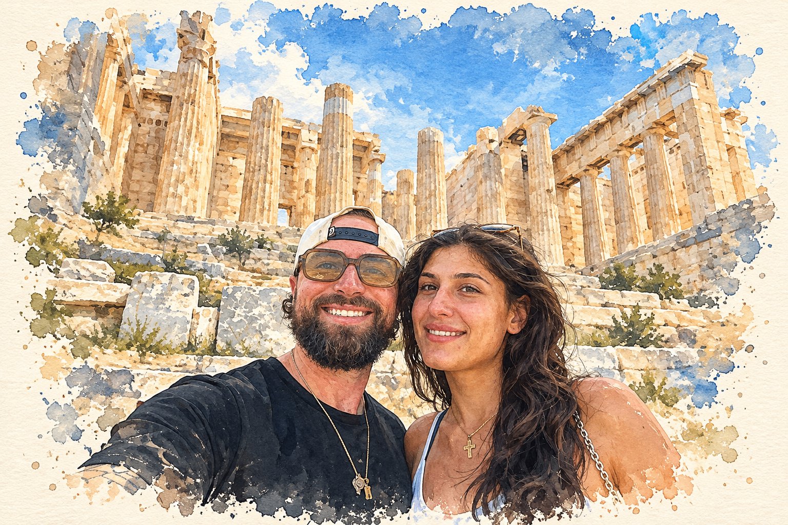 Nick and Mariella taking a selfie in front of the marble columns of the Acropolis in Athens