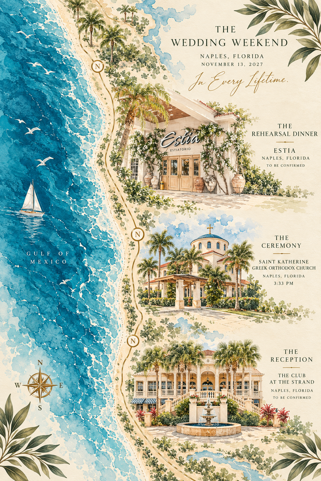 Watercolor map of the Naples coastline marking Estia, Saint Katherine Greek Orthodox Church, and The Club at The Strand