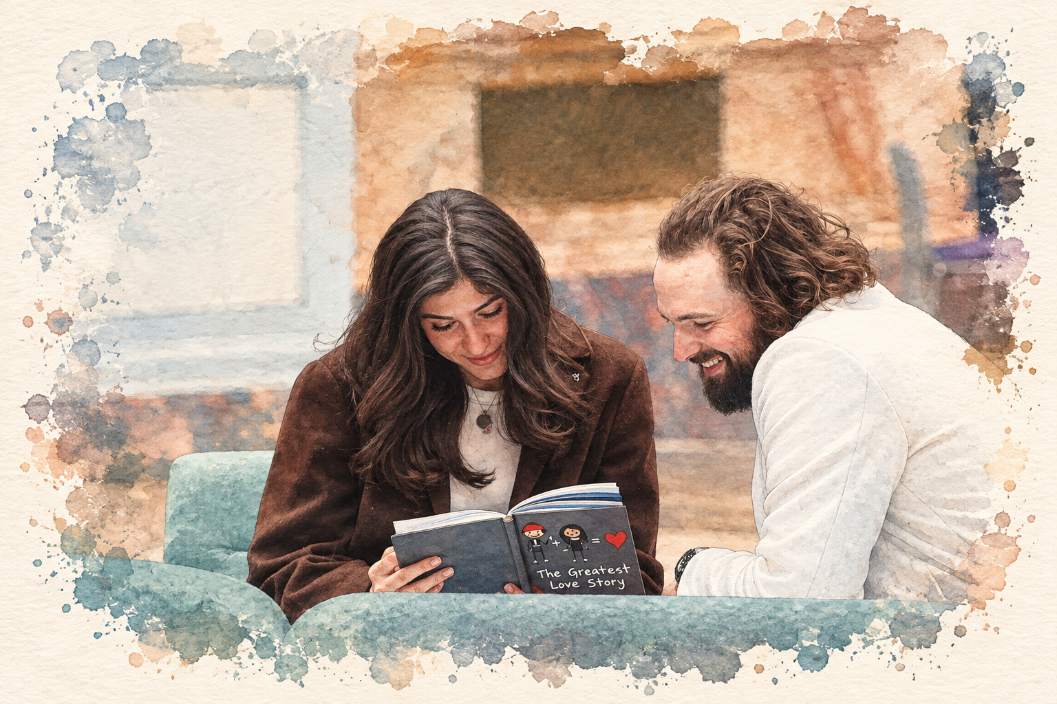 Nick and Mariella seated close together looking through a photo book together