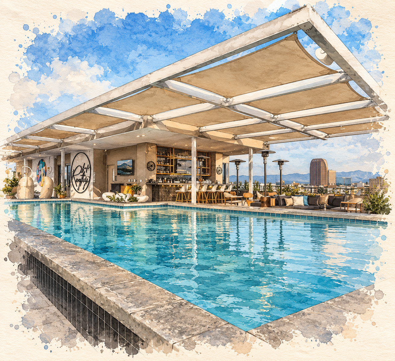 Watercolor-style photo of an Arizona rooftop pool and open-air bar with a city skyline