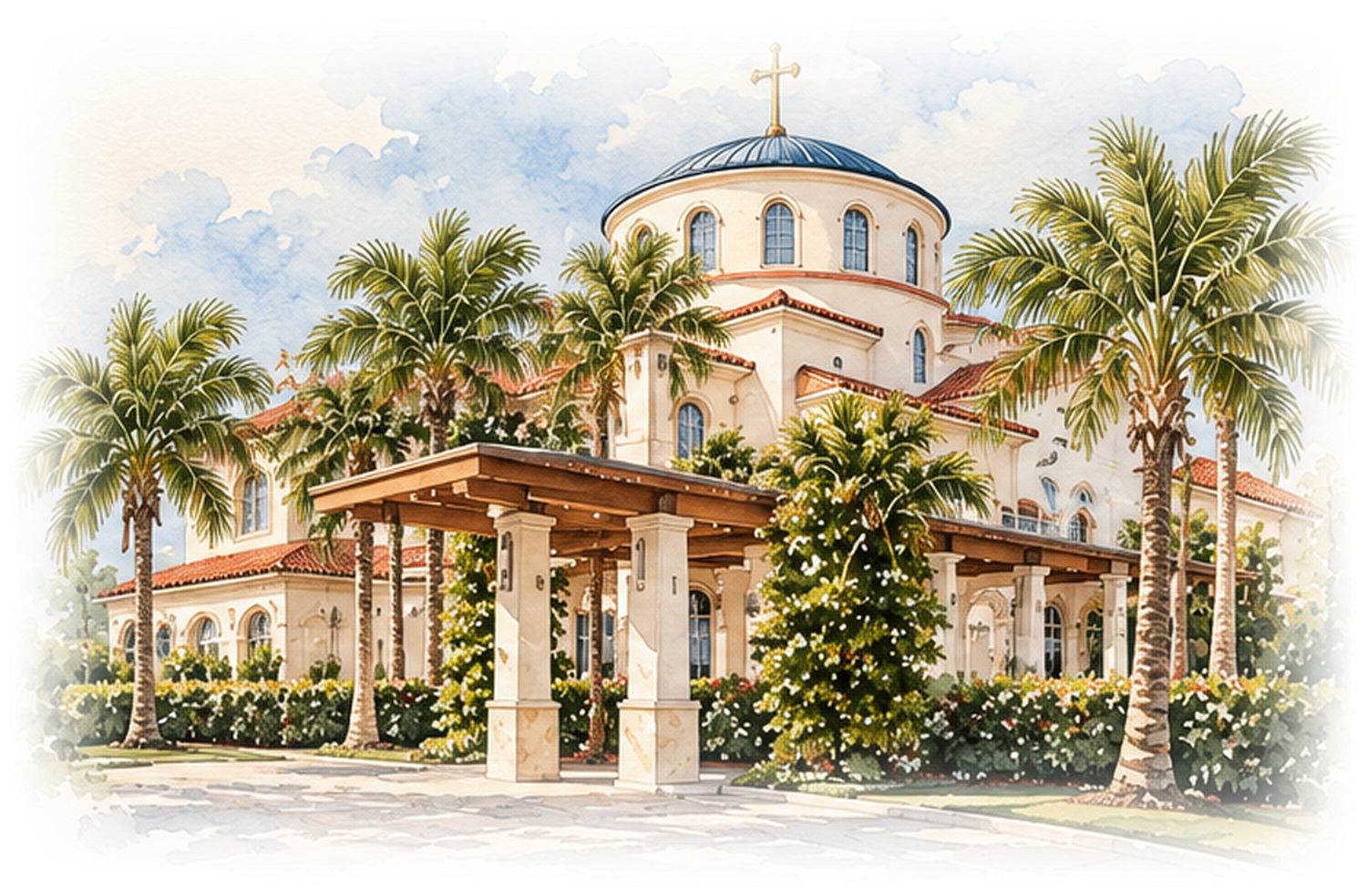 Watercolor sketch of Saint Katherine Greek Orthodox Church with its dome and rooftop cross, palms at the entrance under a bright sky