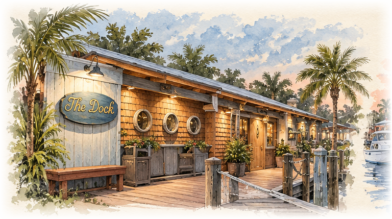 Watercolor sketch of The Dock at Crayton Cove